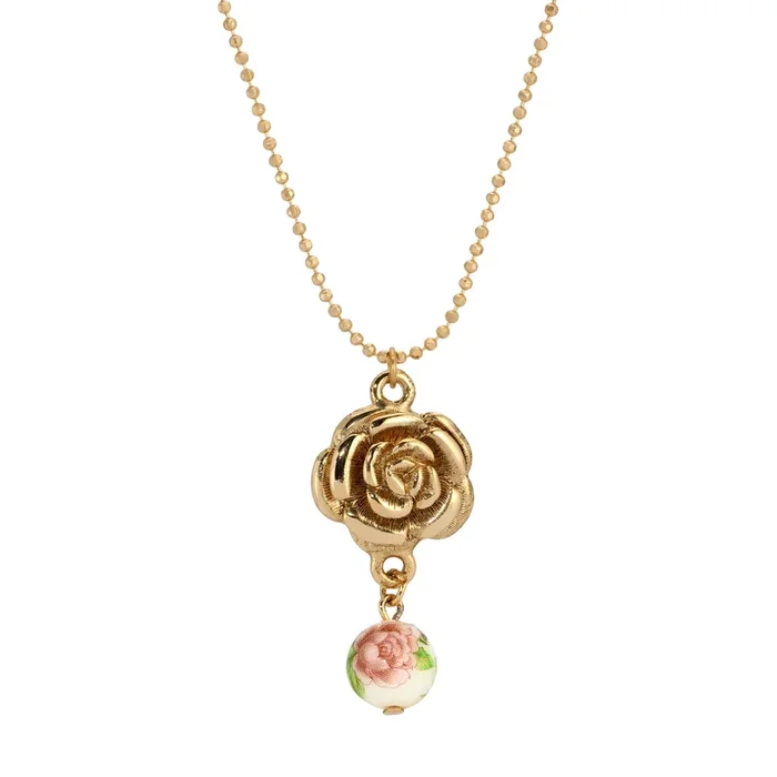 1928 Jewelry Flower Pendant Pink Rose Bead Necklace 18″