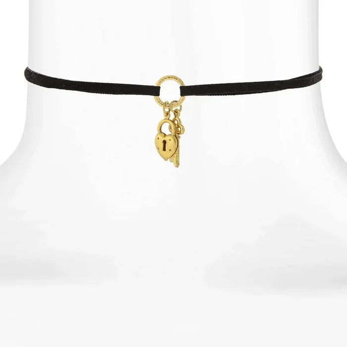 1928 Jewelry Gold Heart And Key Charm Black Suede Choker Necklace 12″ + 5″ Extender