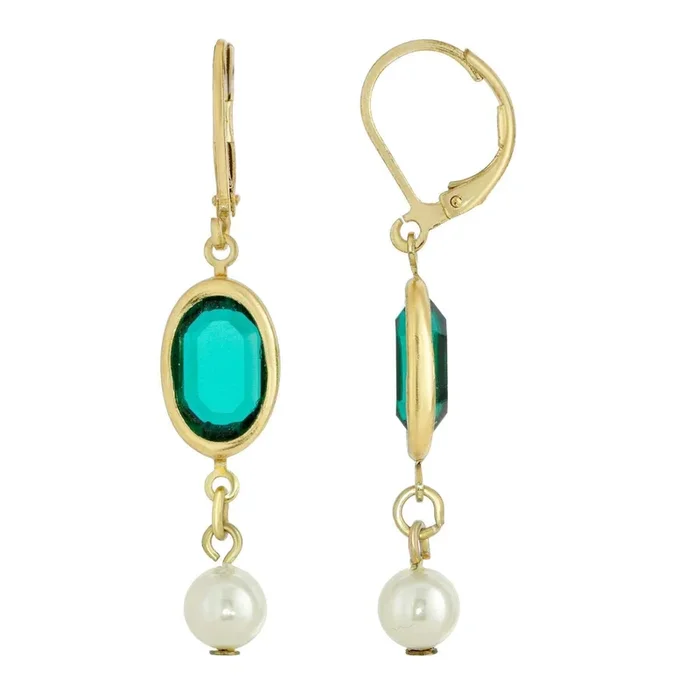 1928 Jewelry Gold-Tone Green And White Channel Crystal Dangle Earrings