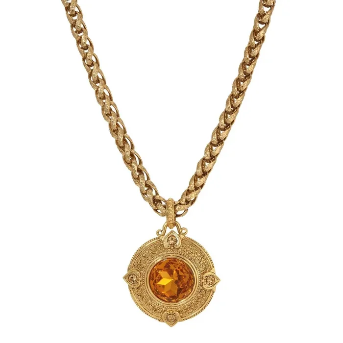 1928 Jewelry Heart & Topaz Crystals Round Pendant Necklace 16″ + 3″ Extension