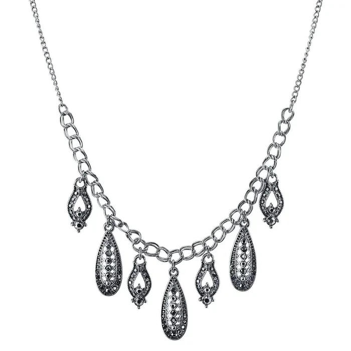 1928 Jewelry Hematite Glass Crystal Drop Necklace 16″ + 3″ Extender