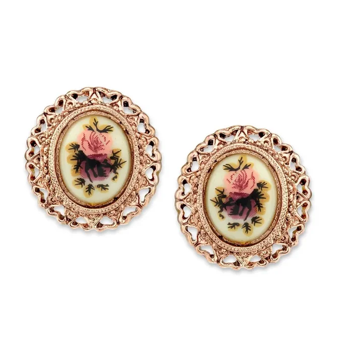 1928 Jewelry Manor House Pink & Purple Rose Flower Hearts Button Earrings
