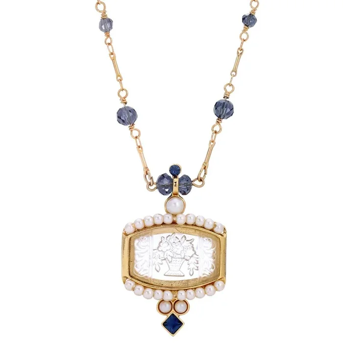 1928 Jewelry Montana Blue Bead Etched Flower Bouquet Glass Intaglio Pendant Necklace 16″ + 3″ Extender