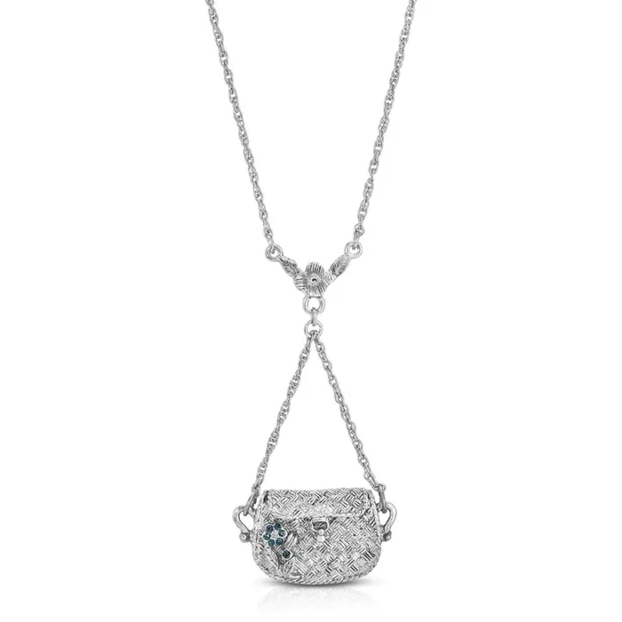 1928 Jewelry Montana Blue Crystal Flower Functional Purse Pendant Necklace 28″