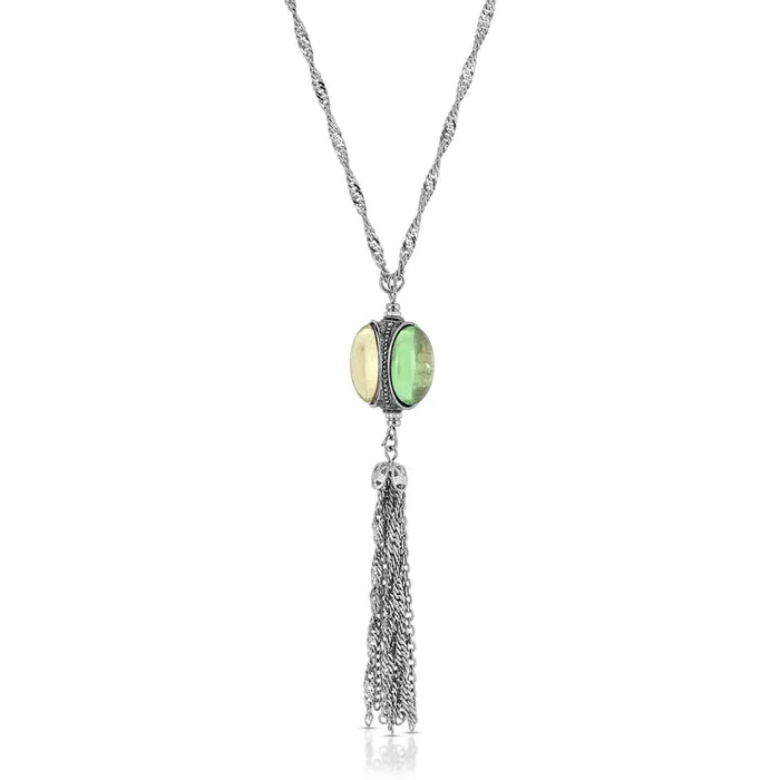 1928 Jewelry Multi Color Glass Stone Crystal Spinner Drop Tassel Pendant Necklace 28″