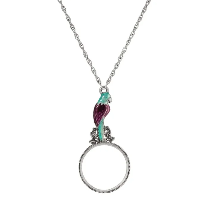 1928 Jewelry Neotropic Exotic Parrot Amethyst & Blue Zircon Magnifying Glass Pendant Necklace 30″ – Magnification Power: 1-2X
