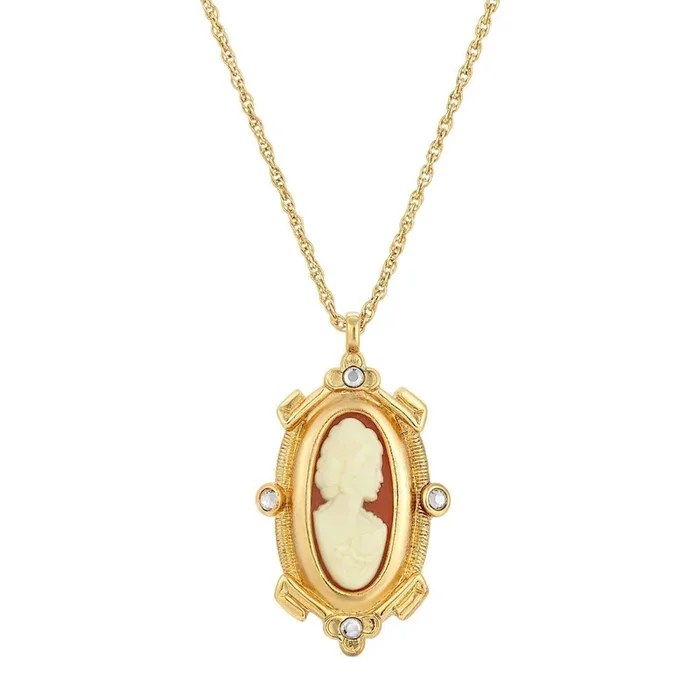 1928 Jewelry Oval Carnelian Cameo And Crystal Pendant Necklace 18″