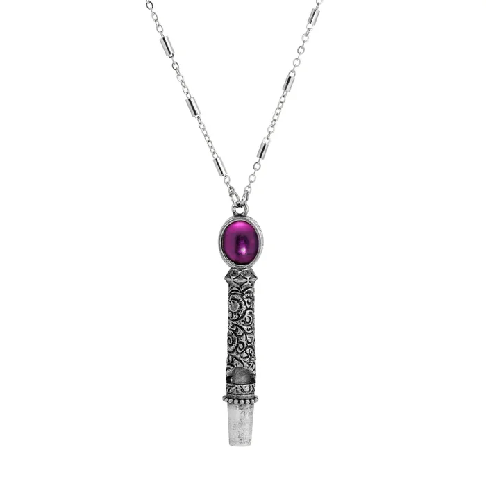 1928 Jewelry Oval Stone Etched Whistle Pendant Necklace 28″