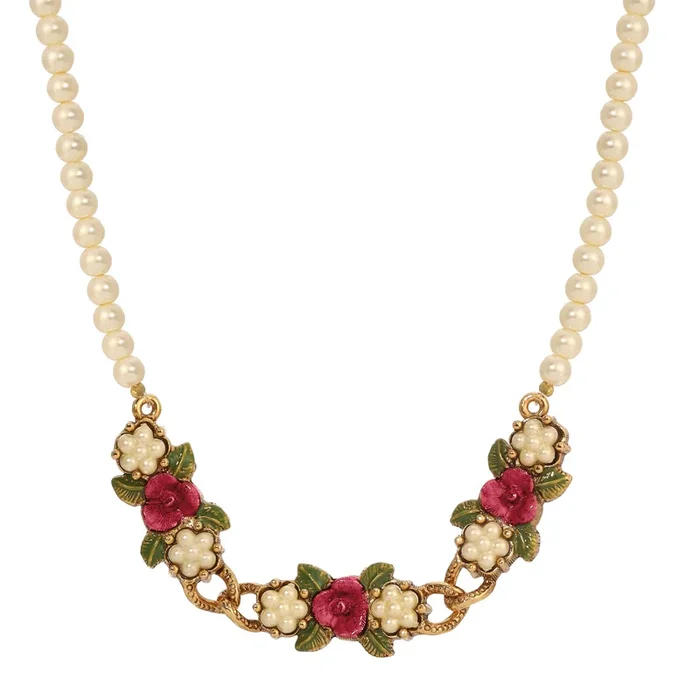 1928 Jewelry Pearly Eden Rose Enamel Faux Pearl Strand Necklace 17″ + 3″ Extender