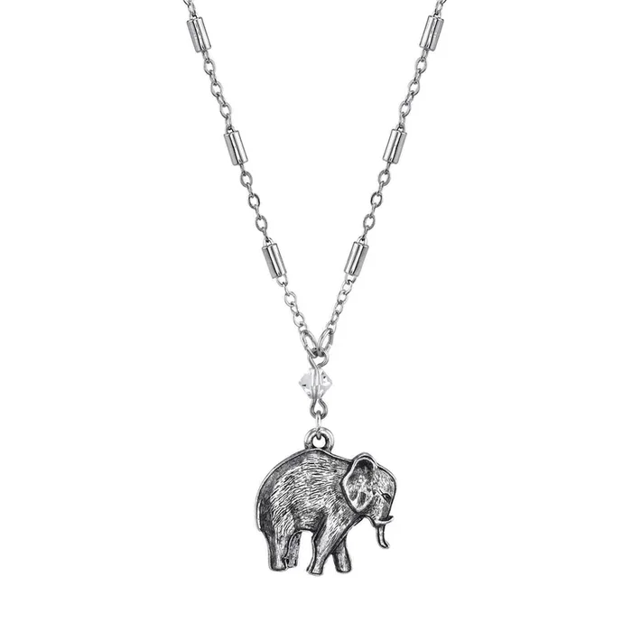 1928 Jewelry Pewter Elephant Drop Chain Pendant Necklace 16″ + 3″ Extender