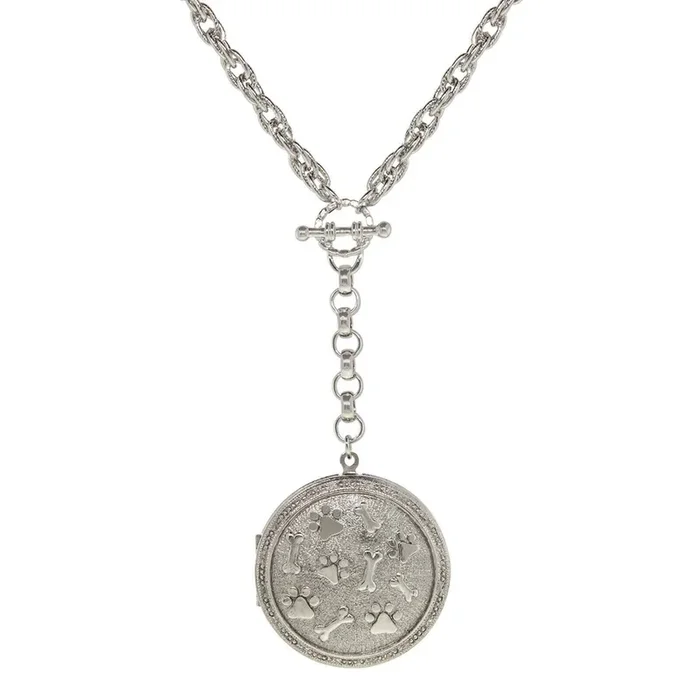 1928 Jewelry Pewter Round Heart Paws And Bones Drop Locket Necklace 28″