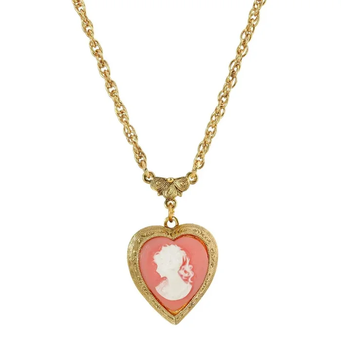 1928 Jewelry Pink Heart Cameo Locket Necklace 16″ + 3″ Extender