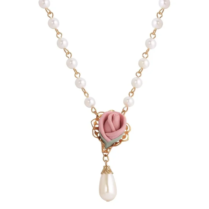 1928 Jewelry Pink Porcelain Rose Bud Faux Pearl Pendant Necklace 15″ + 3″ Extension
