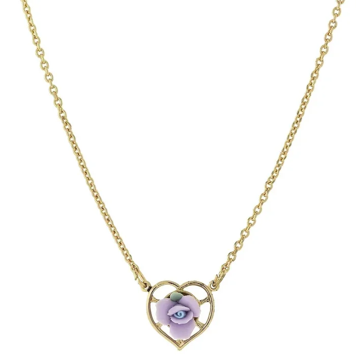 1928 Jewelry Porcelain Rose Heart Pendant Necklace 16″ + 3″ Extender
