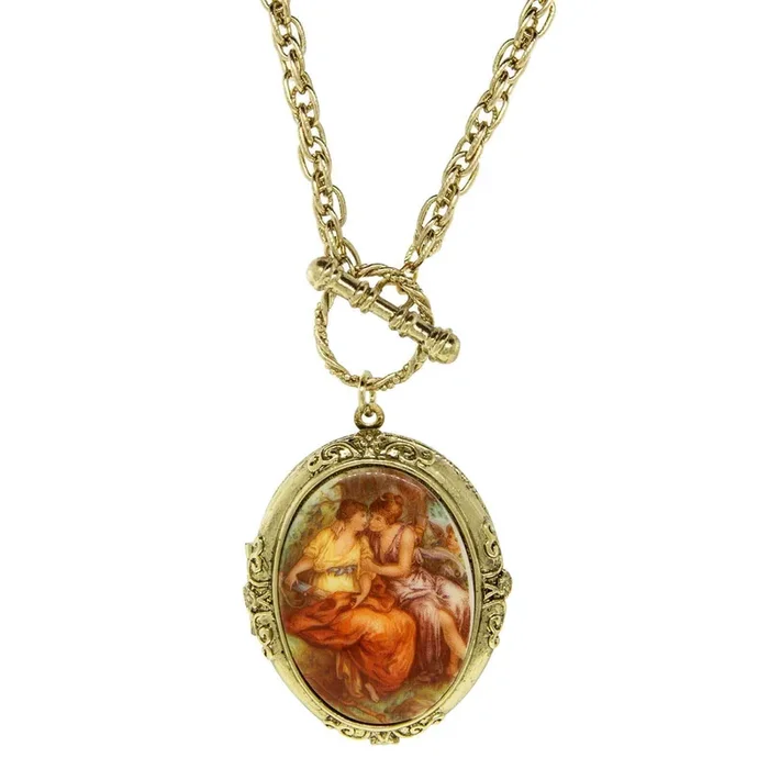 1928 Jewelry Renaissance Inspired Oval Stone Locket Necklace 32″