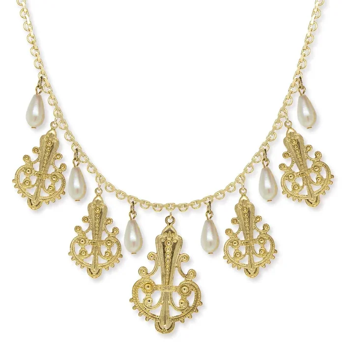1928 Jewelry Royal Filigree Ornamental Drop Faux Pearl Necklace 16″ + 3″ Extender