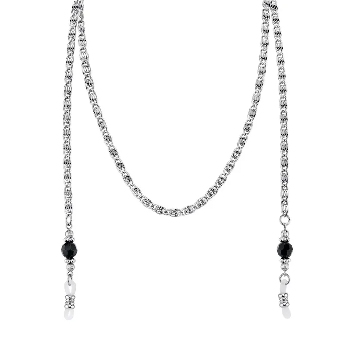 1928 Jewelry Scroll Chain Black Bead Eyeglass Holder Chain Necklace 30″