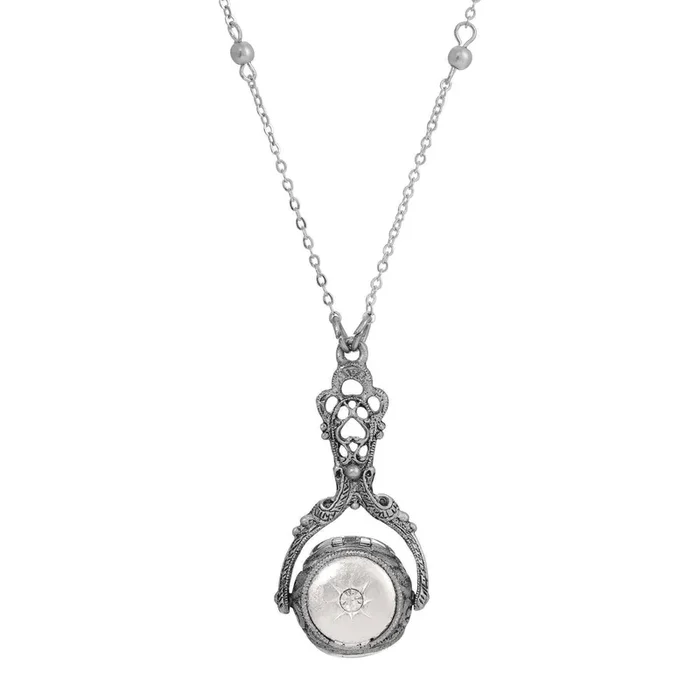 1928 Jewelry Tri-Locket Floral Harmony Rotating Spinner Pendant Faux Pearl Necklace 28″