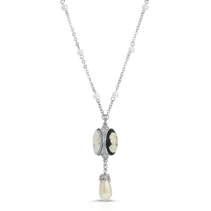 1928 Jewelry Triple Cameo Spinner Faux Pearl Drop Necklace 28″L