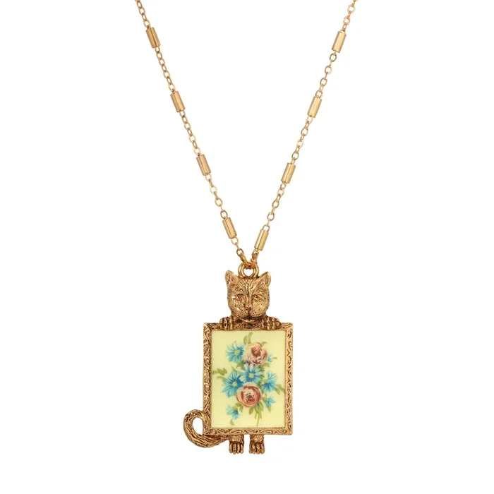 1928 Jewelry Vintage Cat & Floral Portrait Pendant Necklace