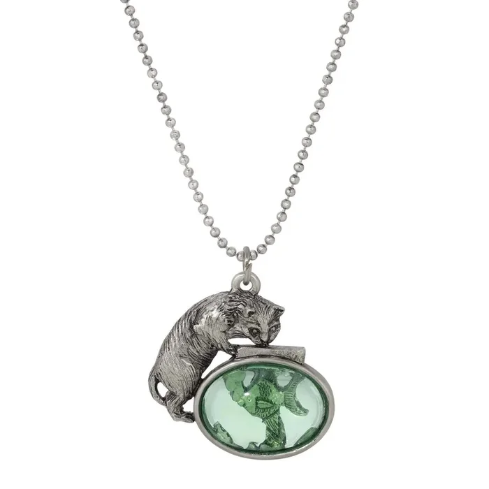 1928 Jewelry Whimsical Cat & Green Fish Pendant Ball Chain Necklace 18″