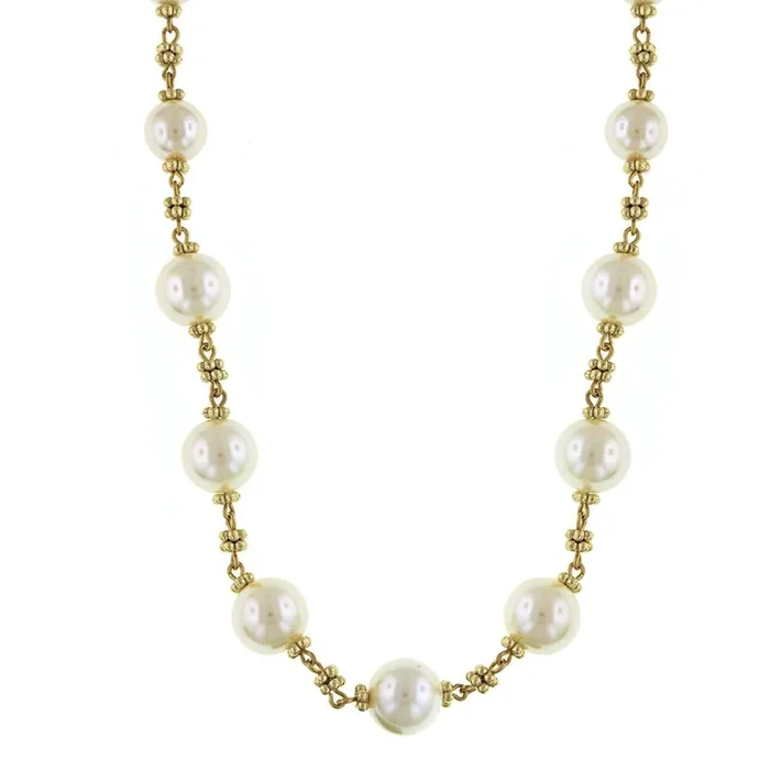 1928 Jewelry White Faux Pearl Beaded Necklace 16″ + 3″ Extender