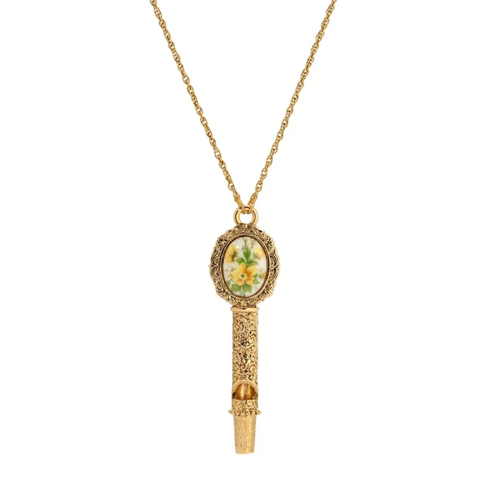 1928 Jewelry Yellow Glass Stone Gold Whistle Pendant Necklace 28″
