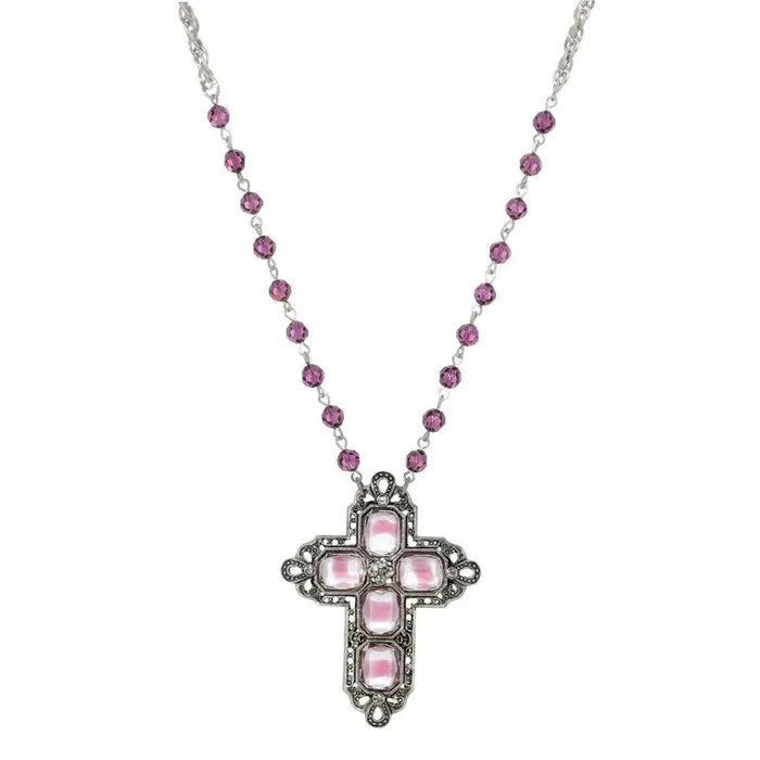 1928 Spiritual Antiqued Pewter Octagon German Glass Stones And Beaded Cross Necklace 30