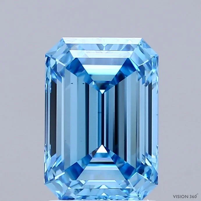 2.11 Carat Emerald Shaped, Ideal Cut, FANCY VIVID BLUE Color, VS1 Clarity, IGI Certified Lab Grown Diamond