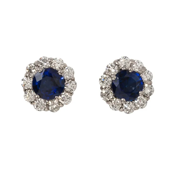 2.22ctw Round Sapphire & Diamond Cluster 18K Gold Stud Earrings