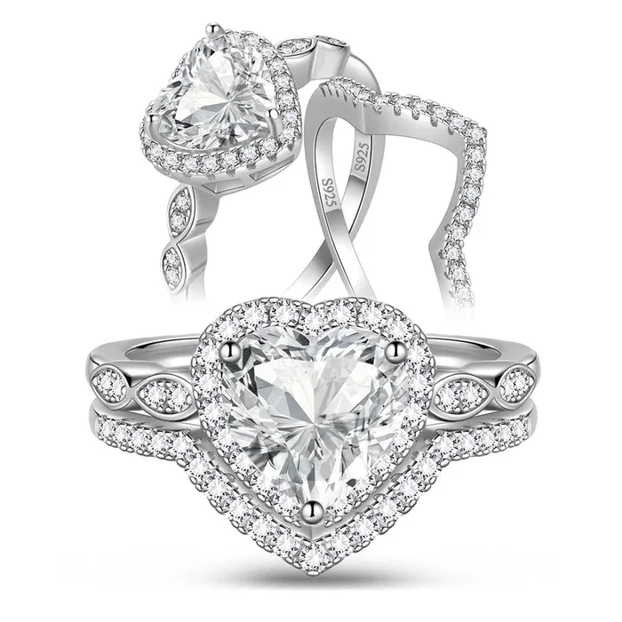 2 Carat Heart Cut Moissanite Engagement Ring Set,18K White Gold over Silver Wedding Rings for Women-Size (6-9)