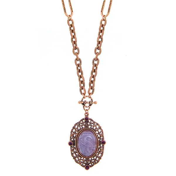 2028 Jewelry Amethyst Glass Quartz & Amethyst Crystal Filigree Pendant Necklace 30″