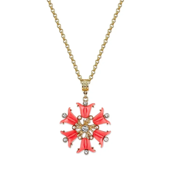 2028 Jewelry Coral Orange, Crystal And Faux Pearl Flower Pendant 30″ Necklace