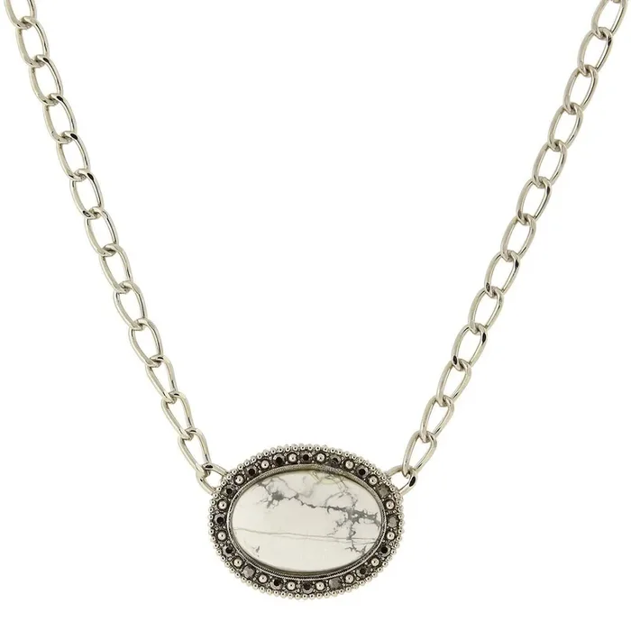 2028 Jewelry Gemstone White Howlite And Hematite Pendant Necklace 16″