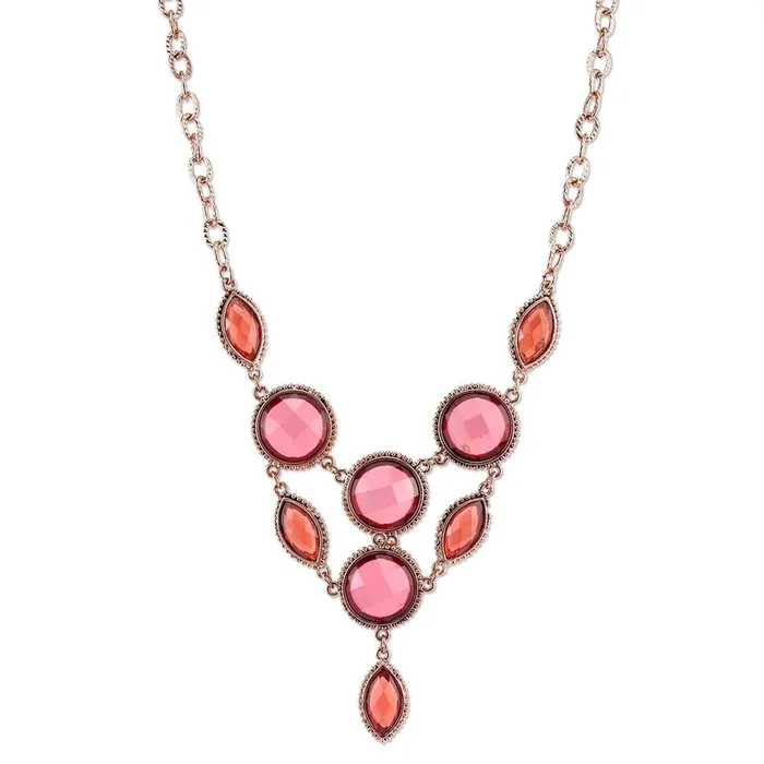 2028 Jewelry Pink-Orange And Raspberry Color Faceted Bib Necklace 16″ + 3″ Extender