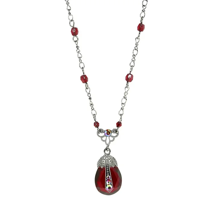2028 Jewelry Siam Red Teardrop Pendant AB Crystal Accent Red Beaded Black Chain Necklace 16″ + 3″ Extender