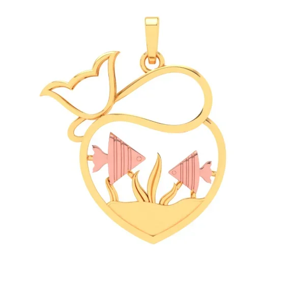 22k Fish Bowl Shape Gold Pendant With Yellow Gold Fishes And Cat From Online Exclusive
