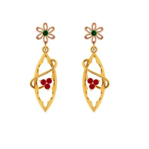 22k Gold Earrings With Green And Red Stones Embedded Into Feminine Design