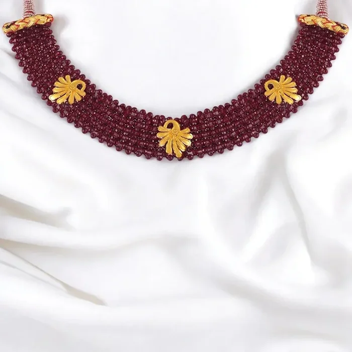 22K Gold Necklace Red Beads Multistranded Design With Gold Accents