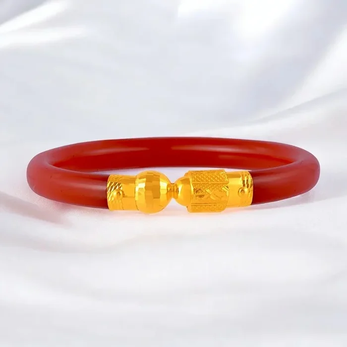 22K Gold Red Lac Pola Bangle With Spherical And Cylindrical Central Element For Women & Girls