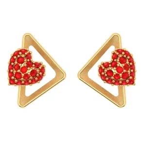 22k Red Stone Studded Triangular Heart Themed Yellow Gold Ear Stud