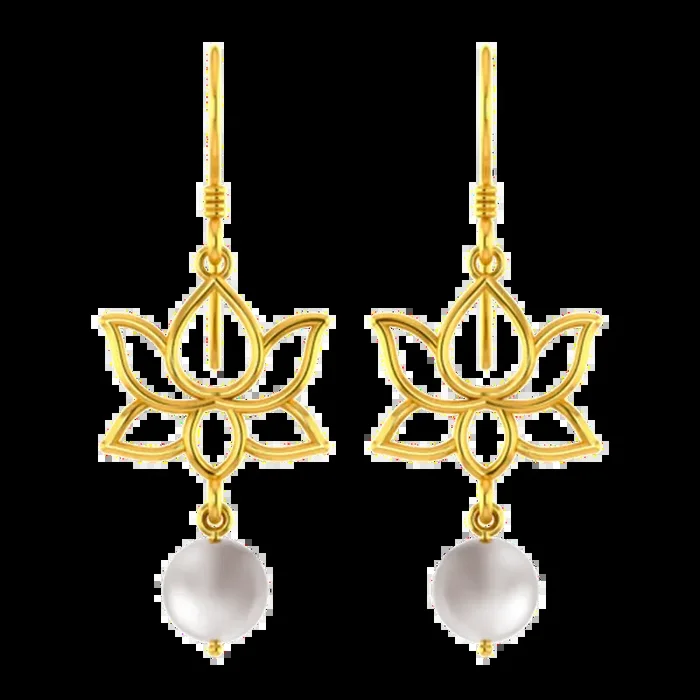 22k Unique Earrings With Gold Lotus Design And A Hanging Pearl