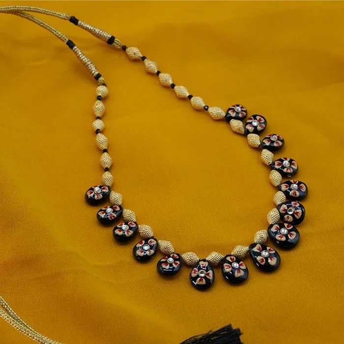 22KT (916) Yellow Gold Black Floral Enamel Drop Design Thusi Necklace