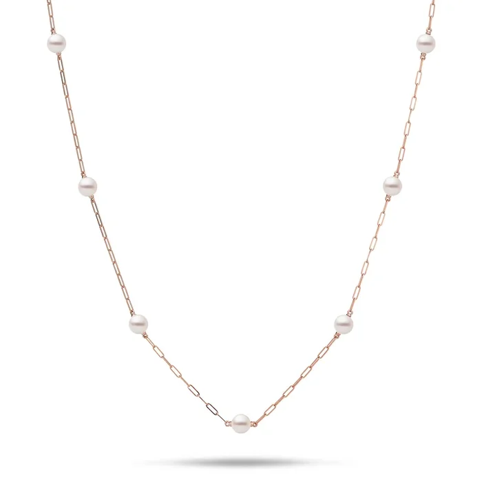 24″ Adjustable Akoya White Pearl Paperclip Chain Necklace in Rose Gold