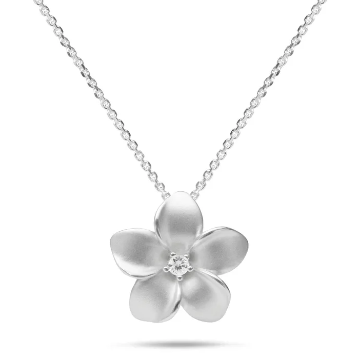 24″ Adjustable Plumeria White Sapphire Necklace in Sterling Silver – 20mm