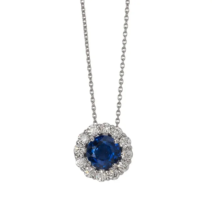 2ct Sapphire & Diamond Halo 18K White Gold Necklace