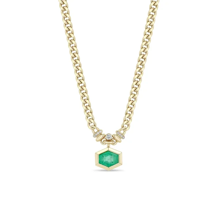 3.02 ctw Hexagon Muzo Emerald & Pavé Bezel Curb Chain Necklace