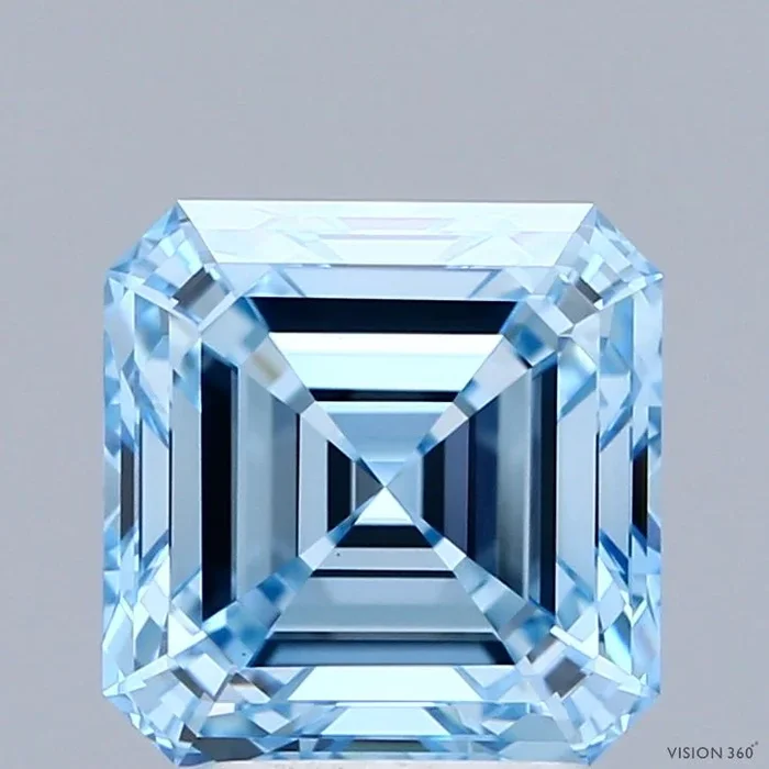3.07 Carat Asscher Shaped, Ideal Cut, FANCY INTENSE BLUE Color, VVS2 Clarity, IGI Certified Lab Grown Diamond