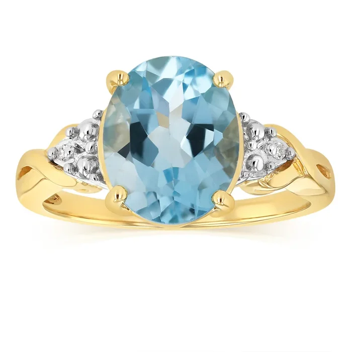 3.17 Carat London Blue Topaz Oval and Diamond Ring in 9ct Yellow Gold