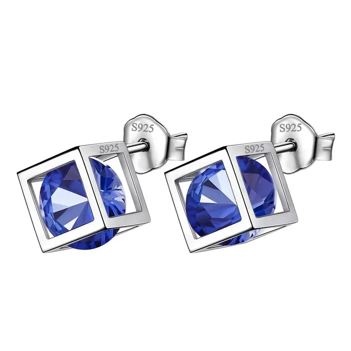 3D Cube Birthstone September Sapphire Earrings Stud Women Girls Jewelry Birthday Gift Sterling Silver